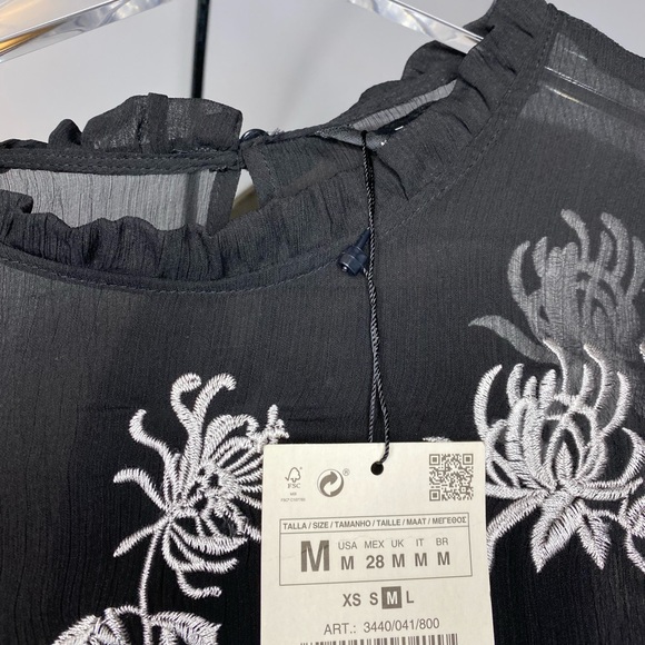 NWT Zara RARE Embroidered Tulle Floral Black Tiered Blouse Top Size M Medium - Picture 12 of 12